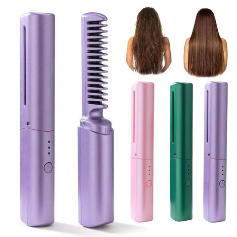 Cordless Hair Straightener brush in various colors; portable design for frizz-free, sleek hair.